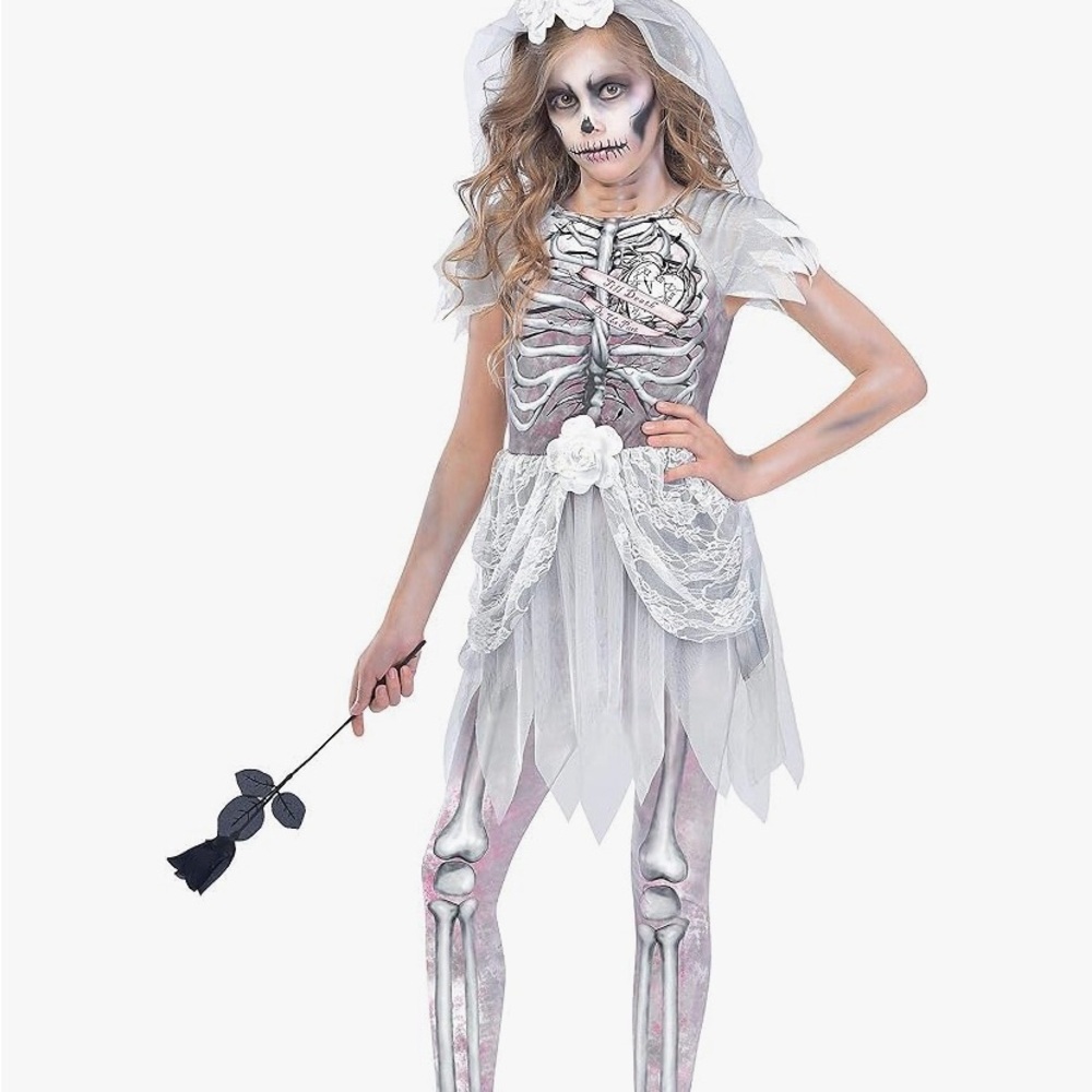 Skeleton Zombie Bride girl's Costume Halloween Fancy Dress M(8-10)New